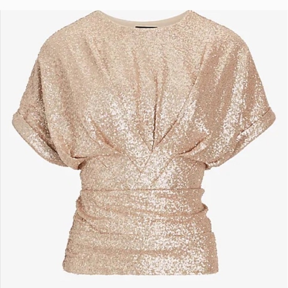 Express 18R NWOT Women's Gold Sequin Dolman Sleeve Ruched V Neck Top Size Medium